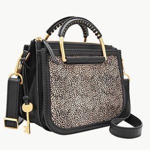 NWT Fossil Ryder Mini Satchel Leather Calf Hair White Cheetah Crossbody Bag